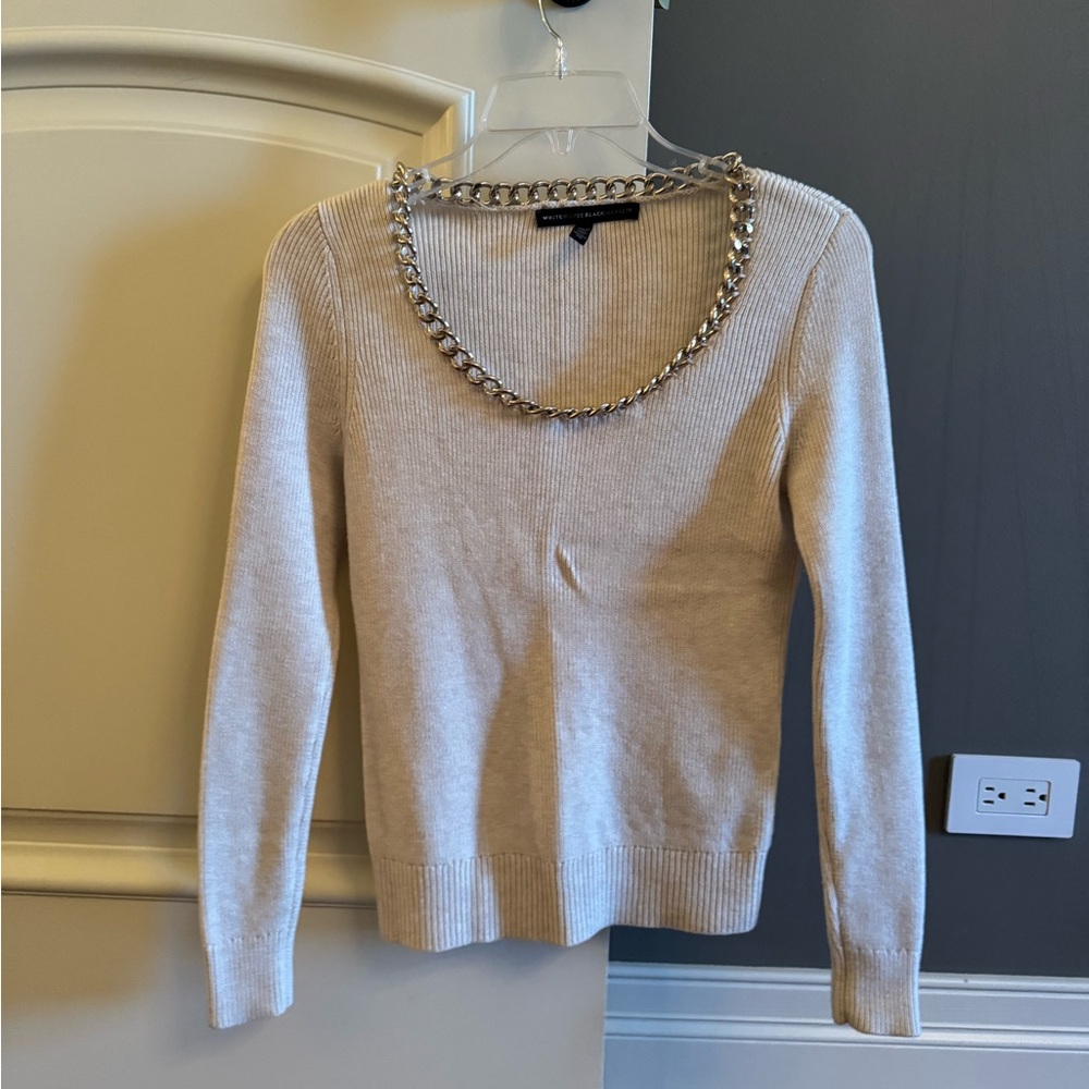 Chain-Embellished Cream Sweater